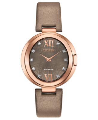 Citizen - Women's Capella Diamond-Accent Brown Leather Strap Watch 34mm