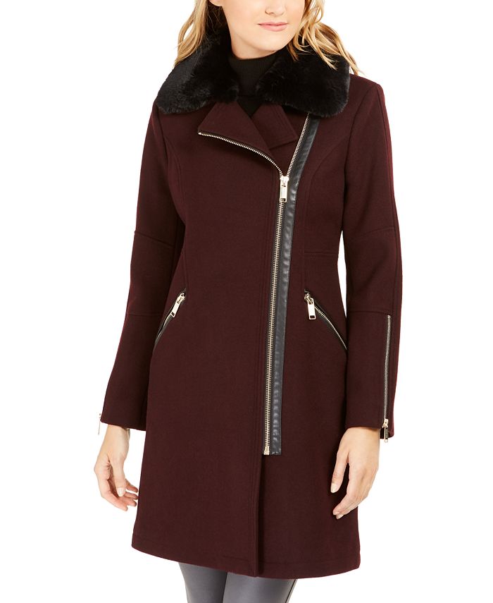 Michael Kors Petite Asymmetrical Zip Coat With Faux Fur Trim Macy s