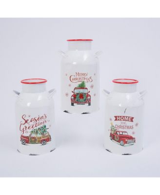Gerson & Gerson - Assorted set of 3 Metal Holiday Milk Cans with vintage red truck motife