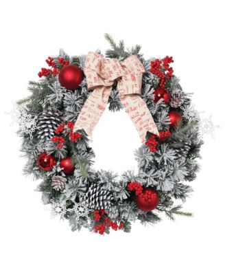 Sterling - Accented Flocked Pine Wreath with Short/Long Needles, Berries and Ornaments