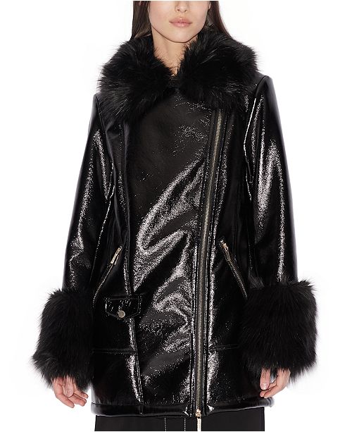 A X Armani Exchange Faux Leather Faux Fur Trim Cabin Coat