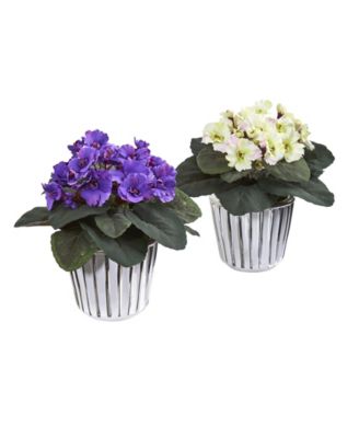 Nearly Natural - 9" African Violet Artificial Plant in White Vase, Set of 2