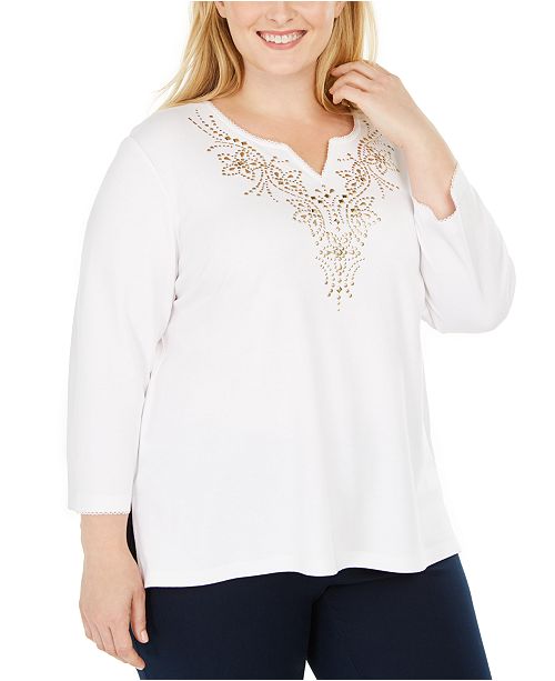 Alfred Dunner Plus Size Bright Idea Embellished 3 4 Sleeve Top