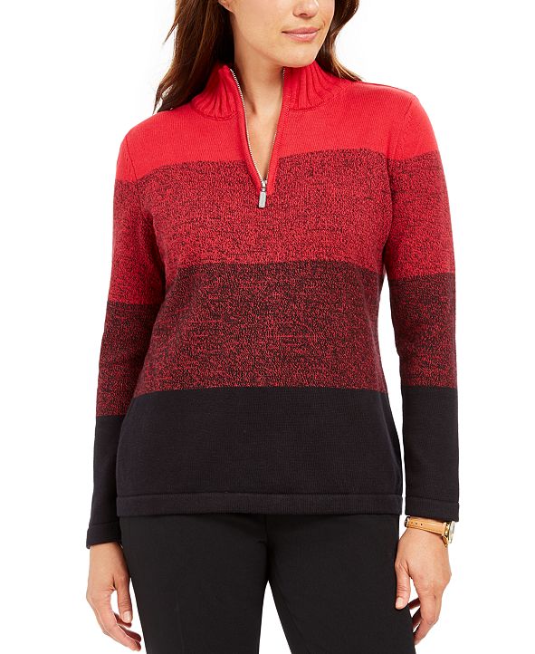 Karen Scott Cotton HalfZip Striped Sweater, Created for Macy's
