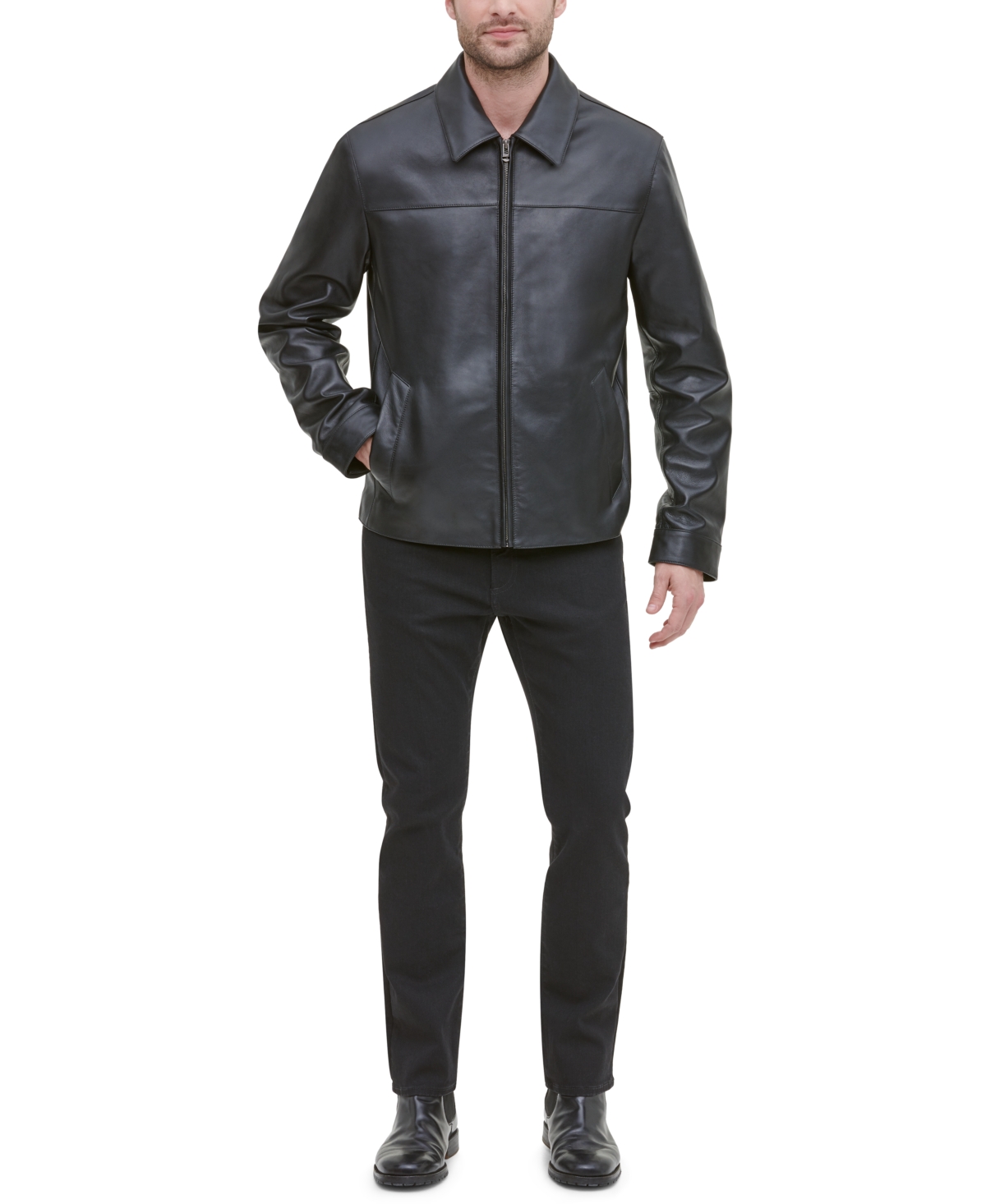 Cole haan signature men's zip front faux clearance leather varsity jacket