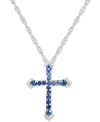 1 Cttw Blue Sapphire Cross Pendant Necklace 14k Yellow Gold Over Sterling 18" 