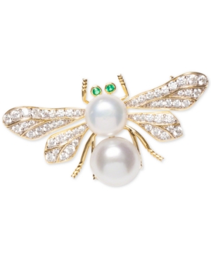 image of Cultured Freshwater Pearl (8 & 9mm) & Cubic Zirconia Bee Pin in Sterling Silver & 18k Gold-Plate over Silver