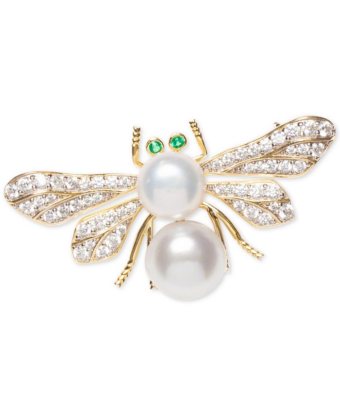 Macy's - Cultured Freshwater Pearl (8 & 9mm) & Cubic Zirconia Bee Pin in Sterling Silver & 18k Gold-Plate