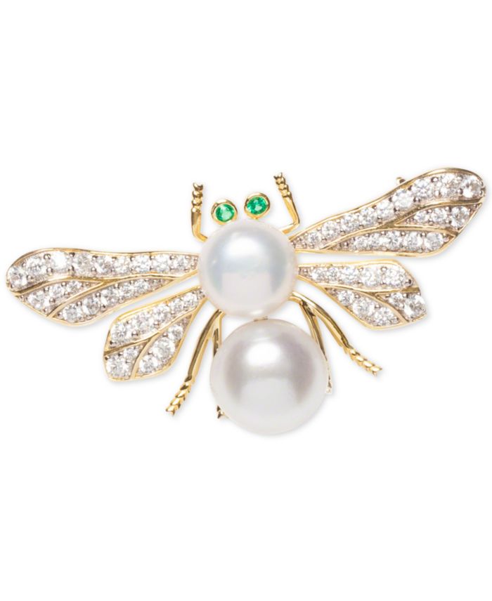 Cultured Freshwater Pearl (8 & 9mm) & Cubic Zirconia Bee Pin in Sterling