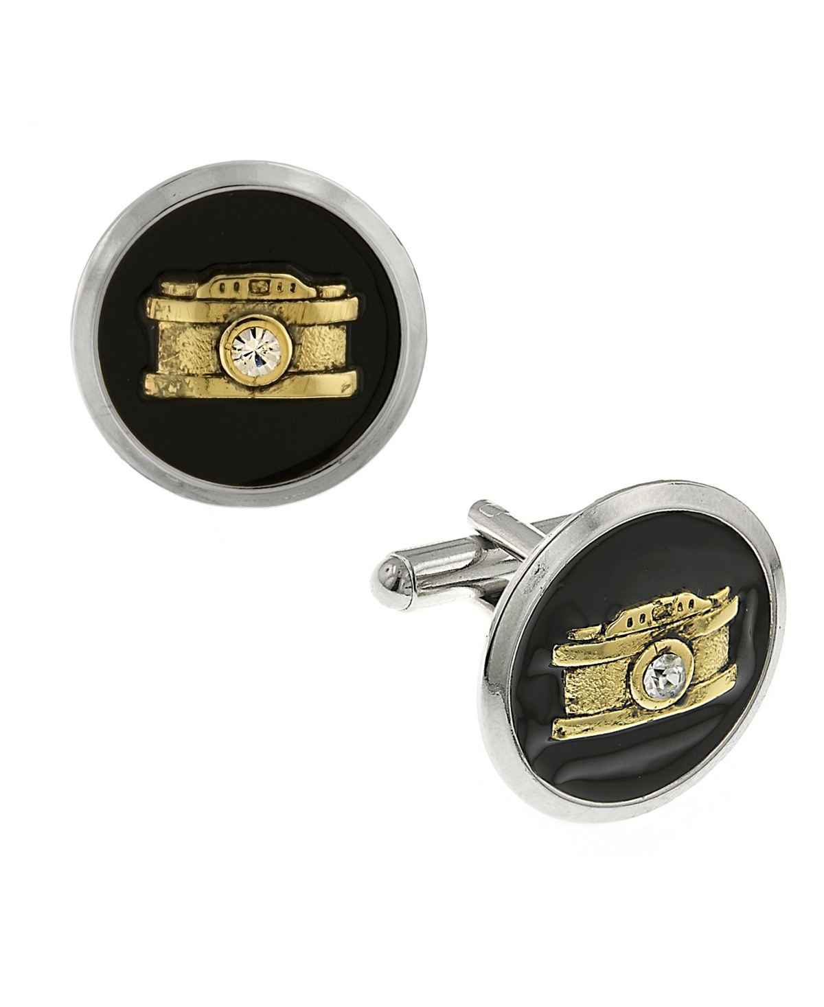Jewelry Silver-Tone and 14K Gold-Plated Enamel Crystal Camera Cufflinks - Black