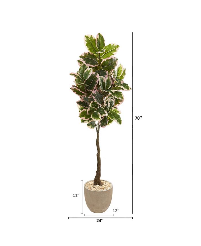 Nearly Natural 70" Variegated Rubber Leaf Artificial Tree in Sandstone
