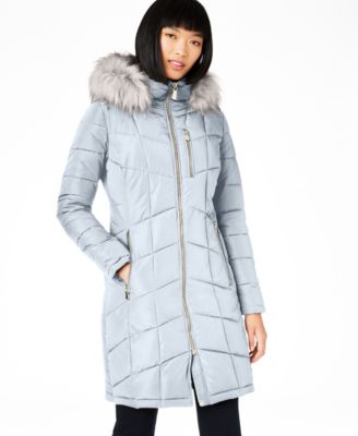 calvin klein faux fur trim wrap coat