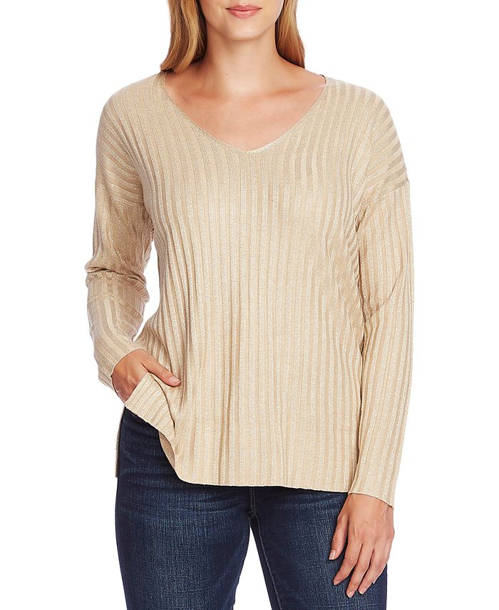 Vince Camuto Ribbed Metallic V-Neck Sweater - Macy's