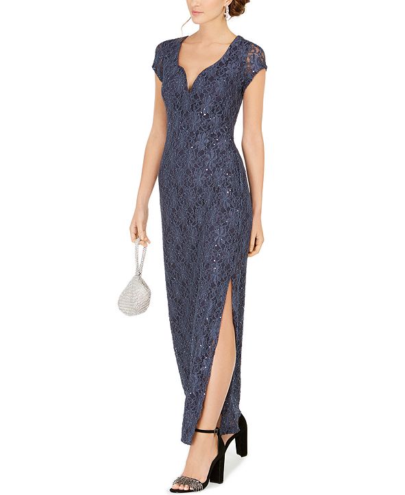 connected sequined lace overlay gown