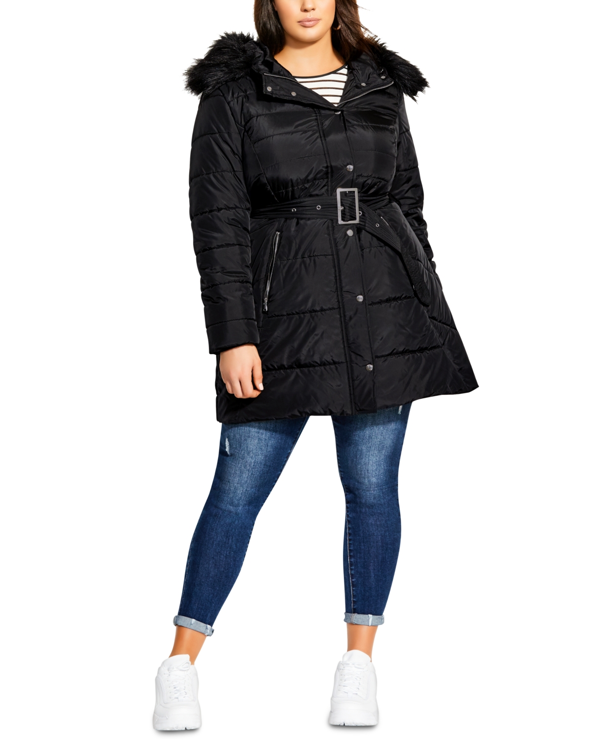 Plus Size Longline Puffer Jacket - Black
