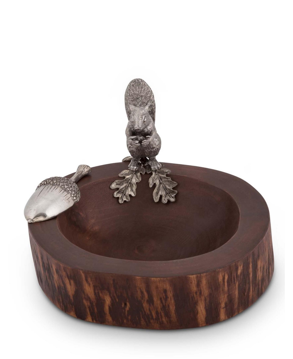 Vagabond House Wood Nut, Candy Bowl with Standing Pewter Squirrel and Metal Pewter Scoop