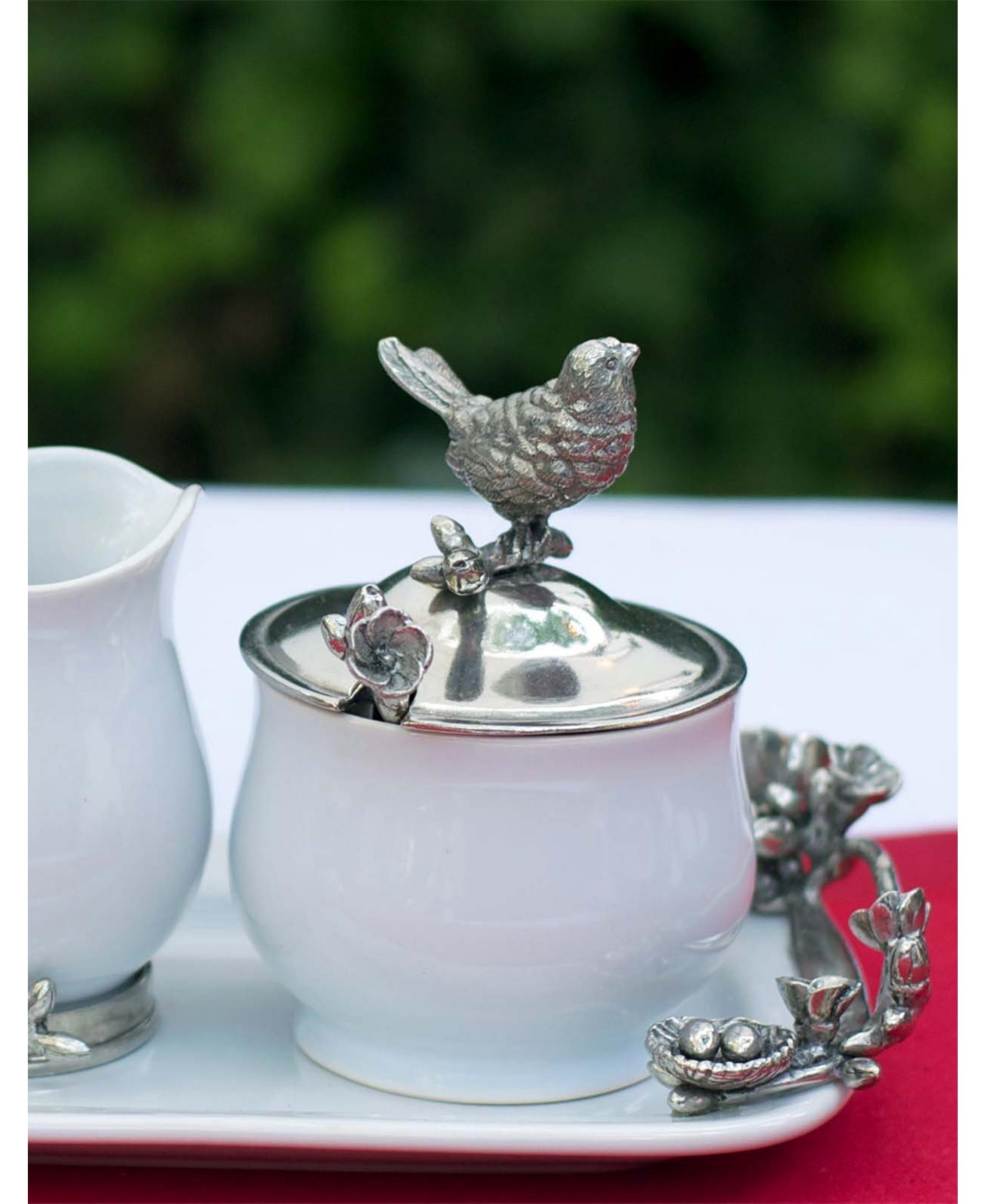 Vagabond House Stoneware Creamer Set -Song Bird Long Tray with Creamer, Sugar Bowl and Spoon - Pewter