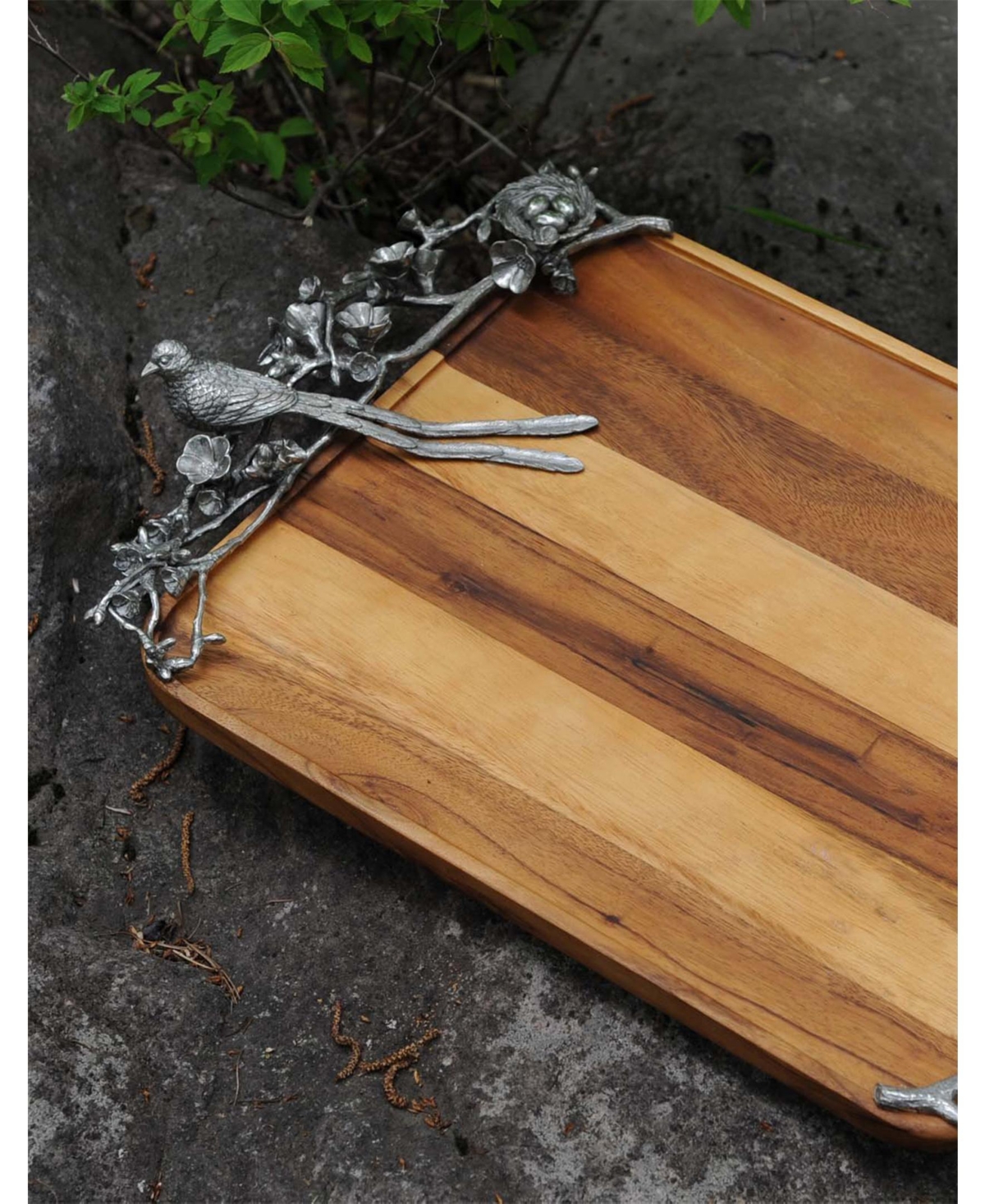 Vagabond House Wood Serving Tray withSong Bird Handles - Pewter