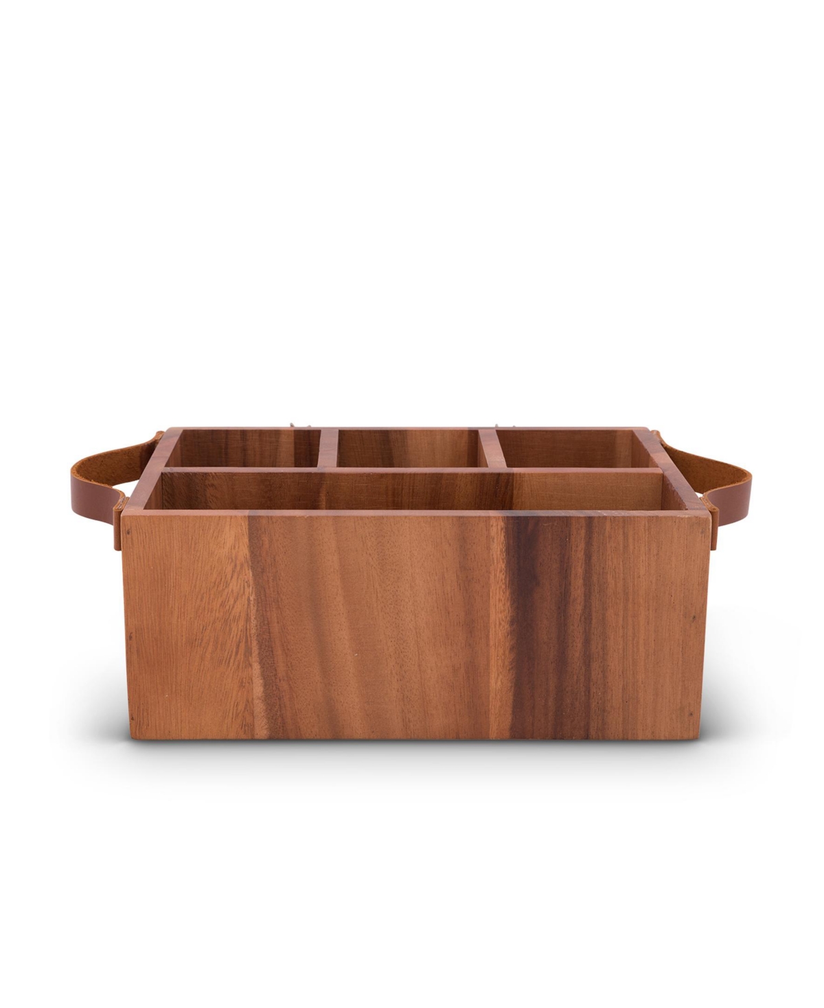 Vagabond House Caddy Rectangle Acacia Wood Flatware, Serve Ware, Utensil, Carry-All Holder with SolidRustic Elk Head Accent and Real Leather H