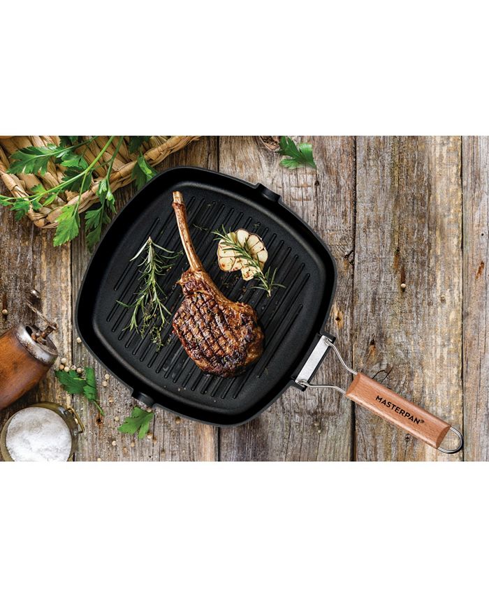 MasterPan NonStick Cast Aluminum Grill Pan with Folding Wooden Handle, 8" Macy's