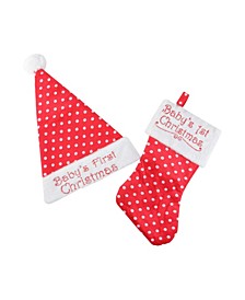 12" Red Super Soft Polka Dot Baby's 1st Christmas Santa Hat and Stocking Set