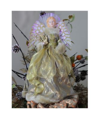 16" Lighted Fiber Optic Angel in Metallic Gold Gown with Harp Christmas Tree Topper