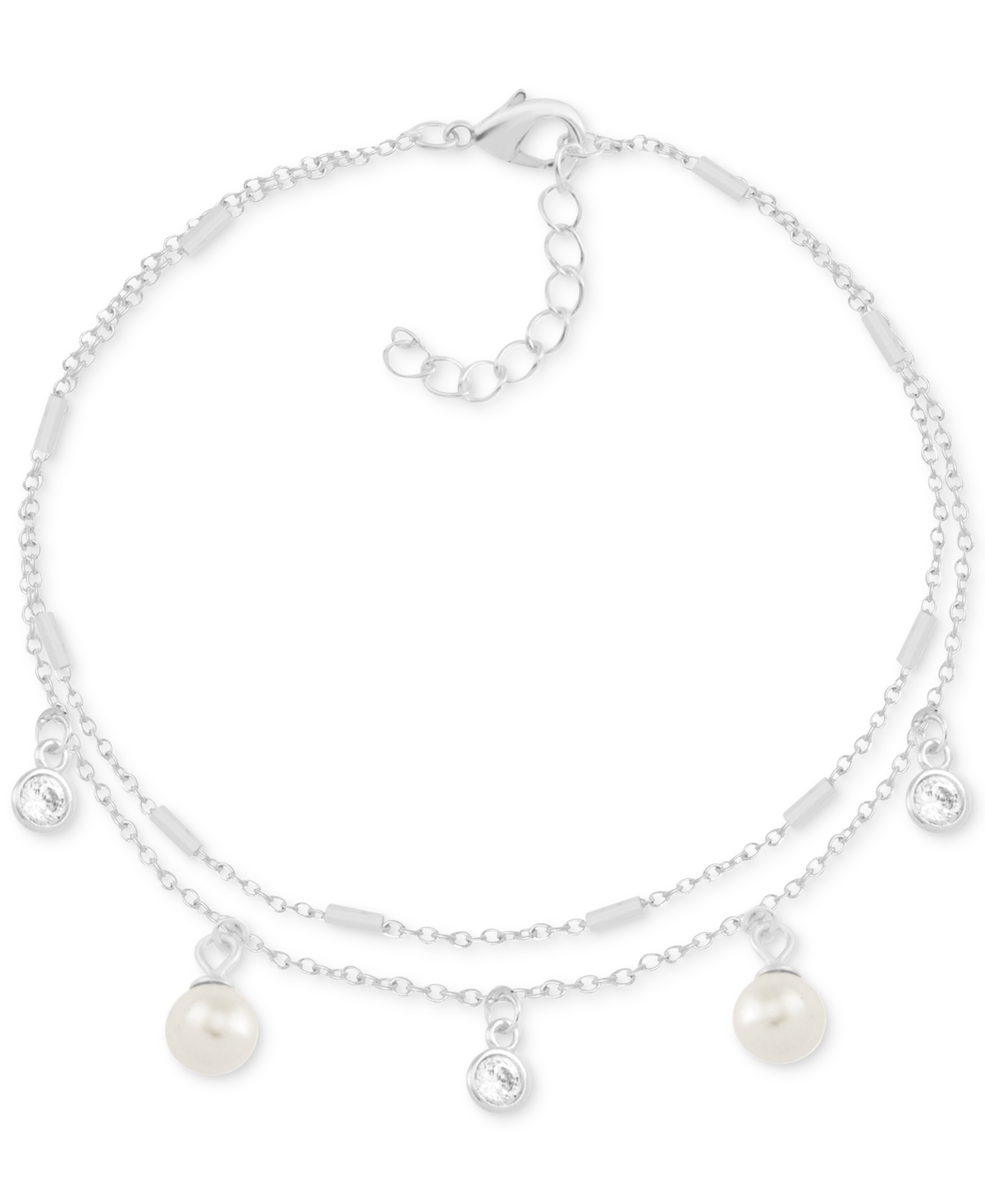 Imitation Pearl & Crystal Two-Row Silver Plate Anklet - Silver