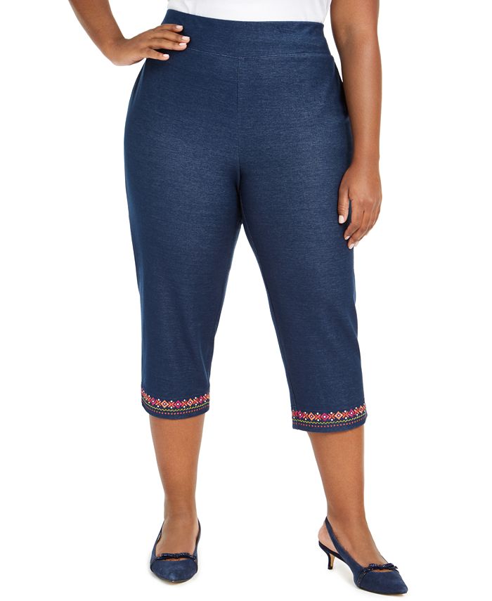 Alfred Dunner Plus Size Road Trip Embroidered KnitDenim Capri Pants