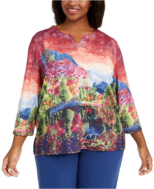 Alfred Dunner Plus Size Autumn Harvest Scenic Printed Top