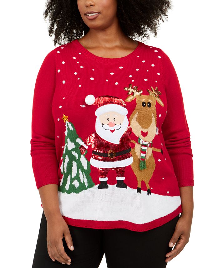 Karen Scott Plus Size Sequined Santa Sweater, Created for Macy's - Macy's