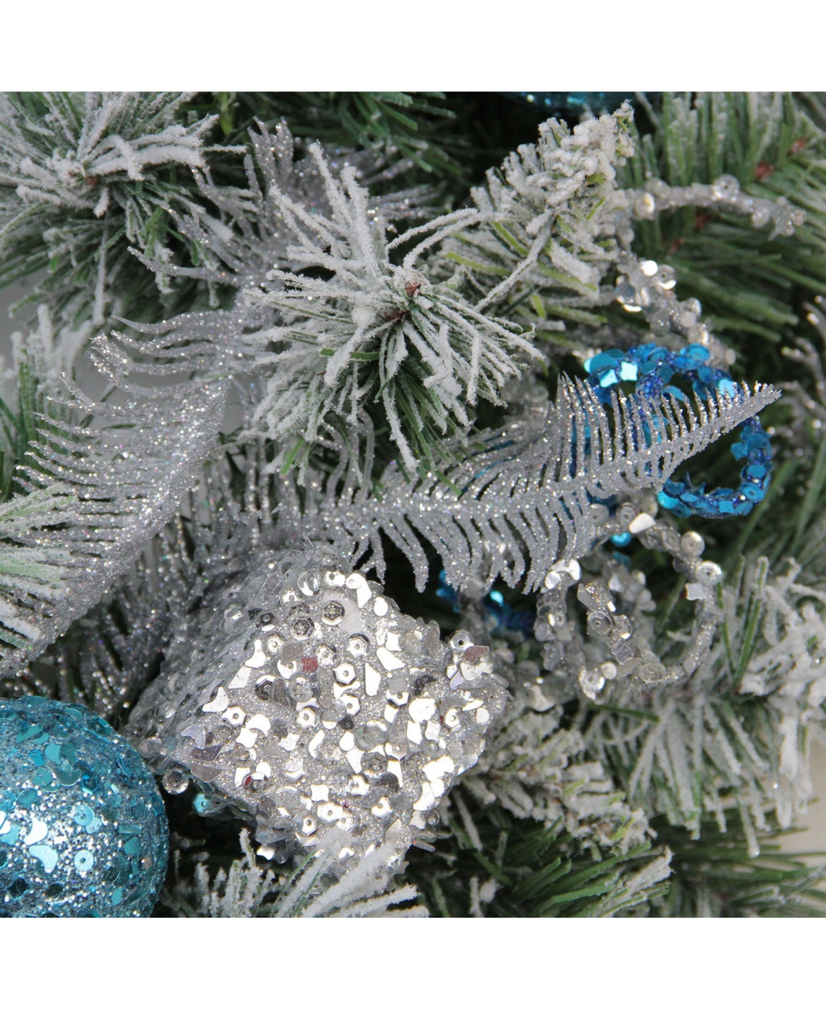 Northlightand Silver Sequin Ornaments Artificial Flocked Pine Christmas Wreath - Unlit - Blue