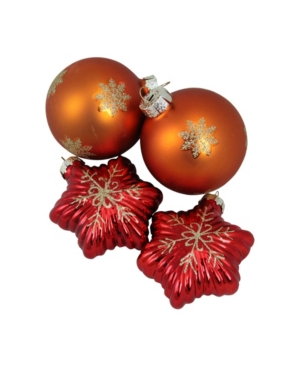 Northlight 4ct Shiny Red Stars And Amber Orange Ball Design Glass Christmas Ornament Set In Gold