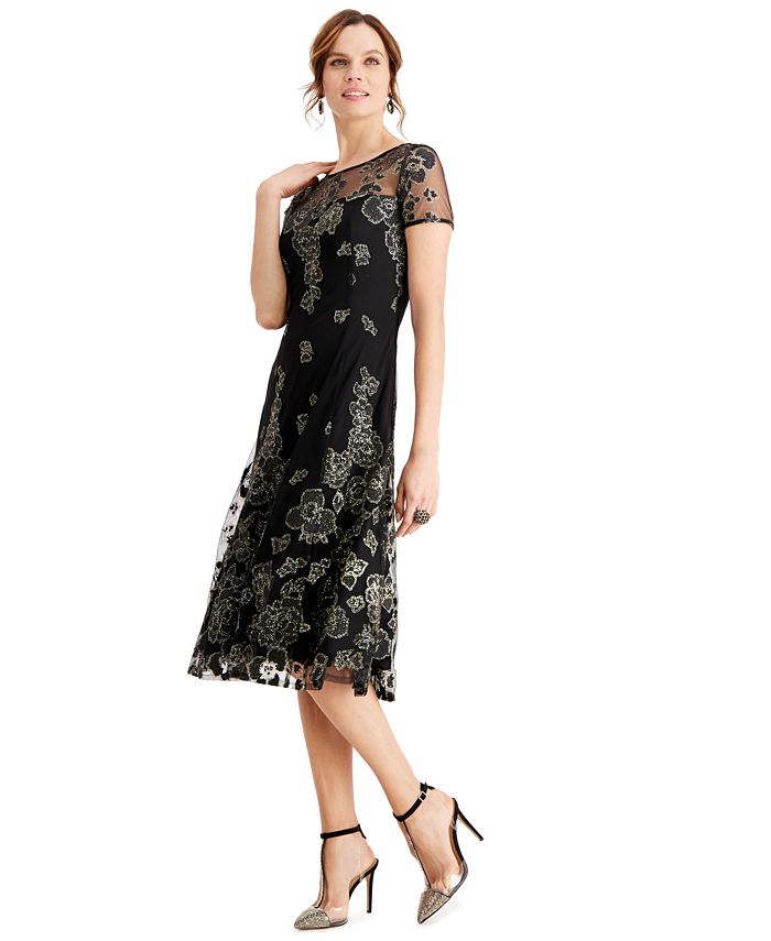 SL Fashions Metallic-Floral Midi Dress - Macy's