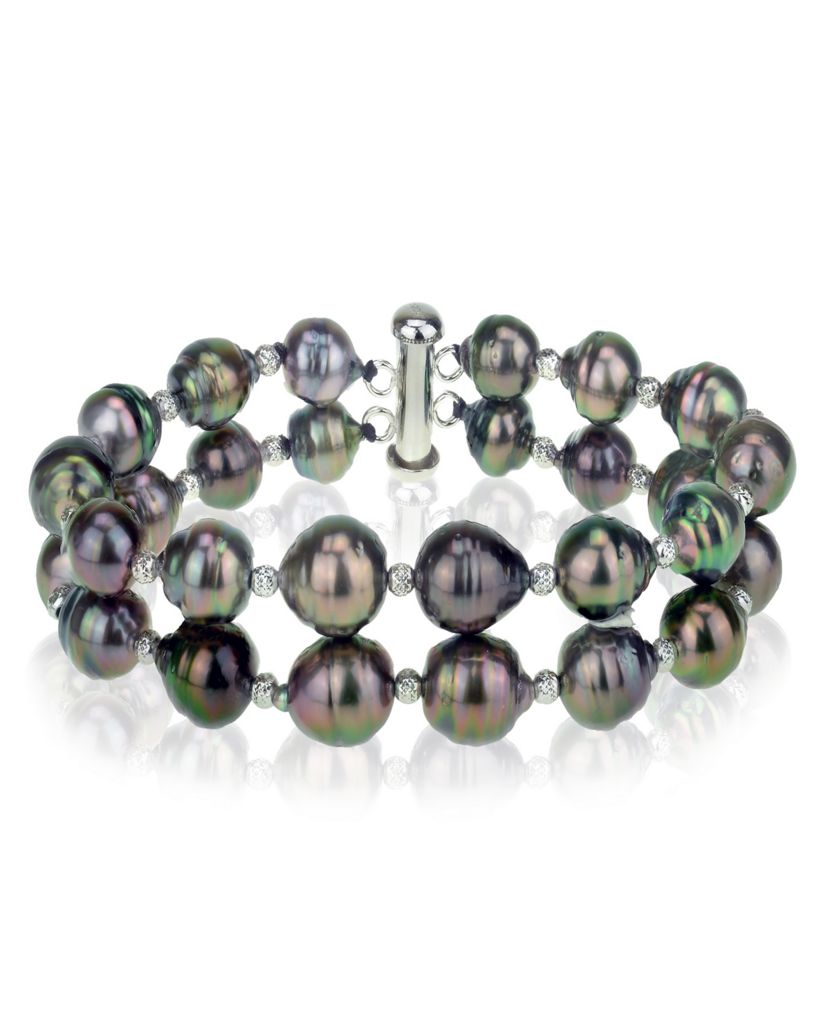 Macy's Black Tahitian Cultured Pearl (8-10 Mm) Double-row Bracelet In Sterling Silver