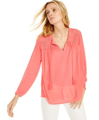Charter Club - Tassel-Tie Eyelet Woven Top, Created For Macy's