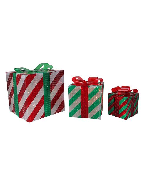 Northlight 3 Piece Glistening Striped Lighted Gift Box Outdoor
