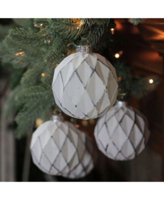4ct White and Gray Diamond Pattern Christmas Glass Ball Ornaments 4" 100mm