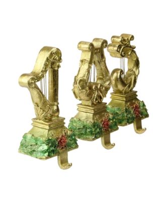 Set of 3 Gold Harp Musical Instruments Glittered Christmas Stocking Holders 8"