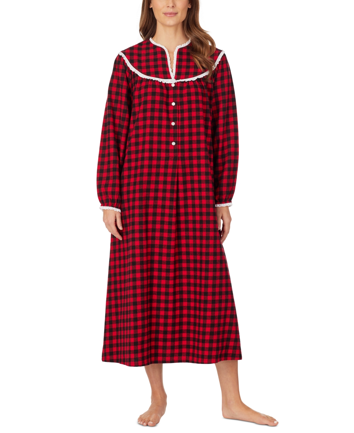 Cotton Lace-Trim Flannel Nightgown - Red Plaid