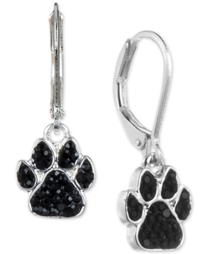 image of Pet Friends Jewelry Silver-Tone Black Pave Paw Drop Earrings