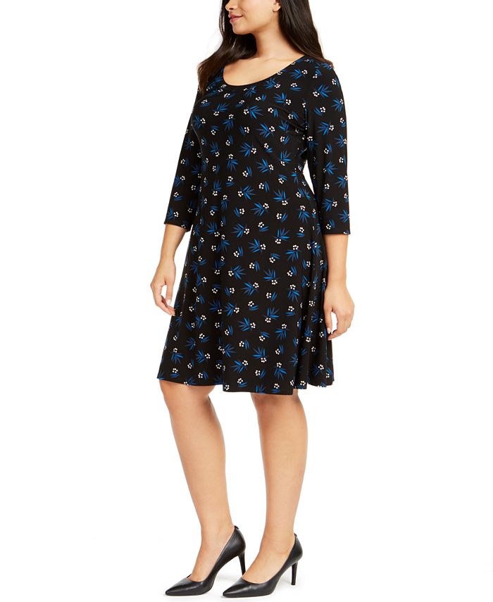 Anne Klein Plus Size Printed 3/4-Sleeve Fit & Flare Dress - Macy's
