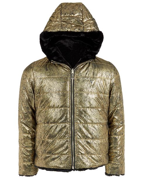 Guess Big Girls Reversible Metallic Faux Fur Puffer Jacket Reviews Coats Jackets Kids Macy S