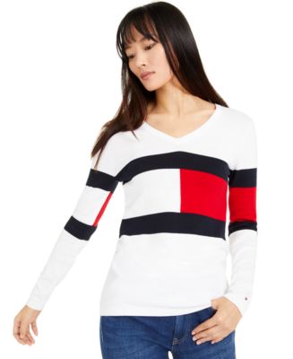 Tommy Hilfiger Ivy Logo V-Neck Cotton Sweater, Created for Macy's - Macy's