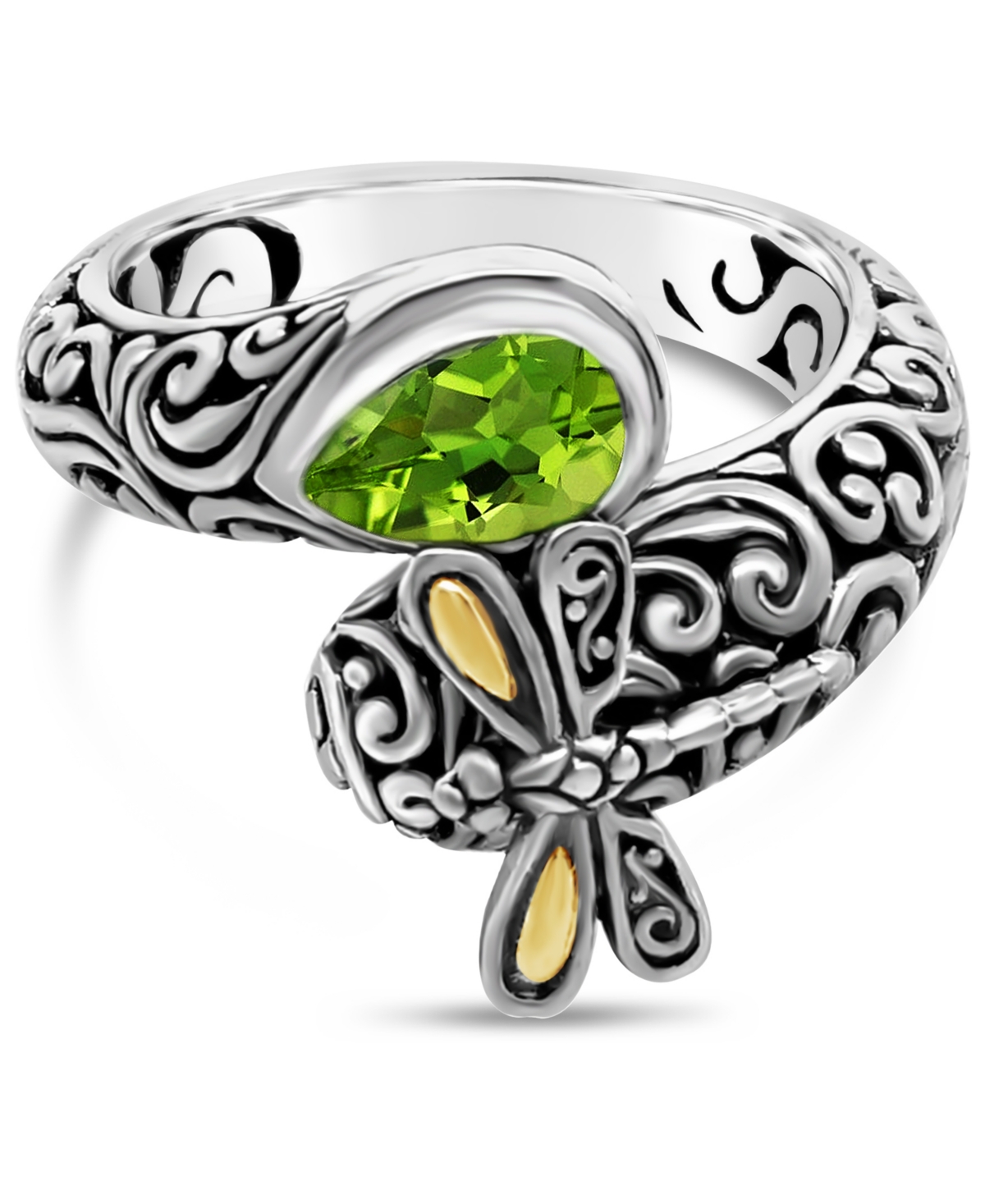Gemstone Sweet Dragonfly Classic Ring in Sterling Silver and 18k Yellow Gold Accents (Available in Citrine and Peridot) - Peridot