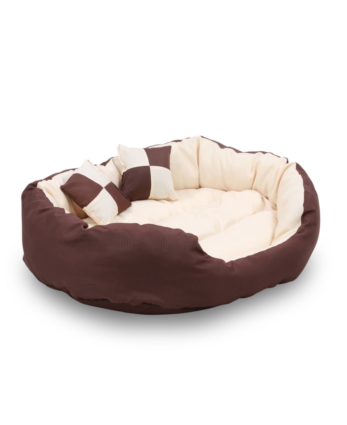 Happycare Textiles Durable Bolster Sleeper Oval Pet Bed with Removable Reversible Insert Cushion and Additional Two Pillow, 43"x32" - Brown