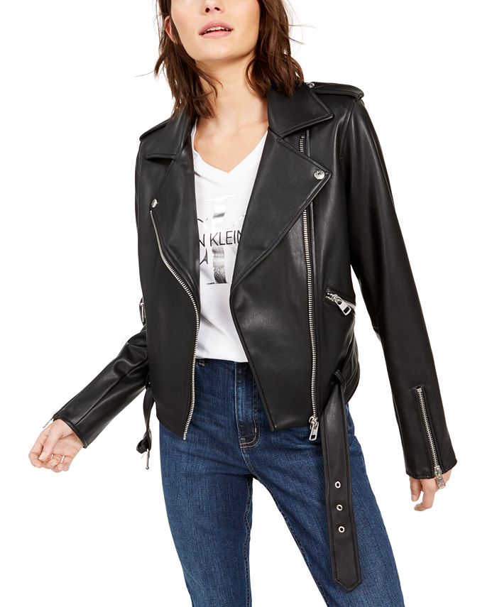 Calvin Klein Jeans Faux-Leather Moto Jacket & Reviews - Jackets & Vests ...