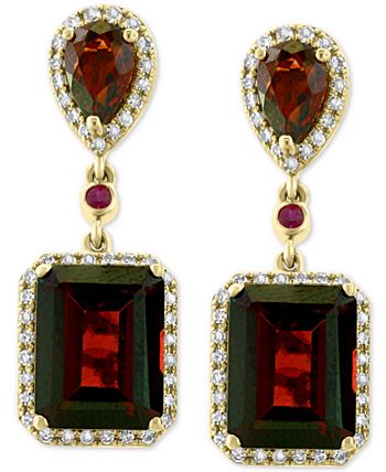 EFFY Collection - Rhodolite Garnet (8-5/8 ct. t.w.), Ruby (5/8 ct. t.w.) & Diamond (1/4 ct. t.w.) Drop Earrings in 14k Gold