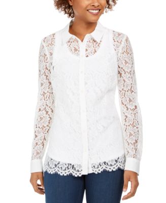 Charter Club Petite Lace Button-Up Shirt, Created for Macy's - Macy's