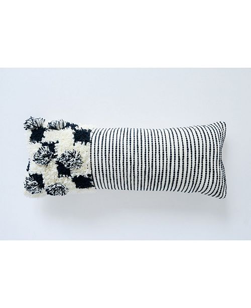 Embroidered Appliqued Black White Cotton Lumbar Pillow With