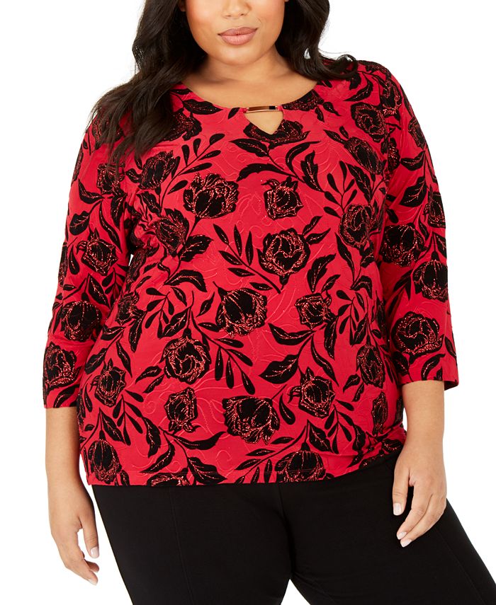 JM Collection Plus Size Velvet Glitter Jacquard Top Created for